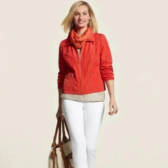 Chico’s orange eyelet zip front 3/4 sleeve windbreaker jacket size Medium - Picture 2 of 7